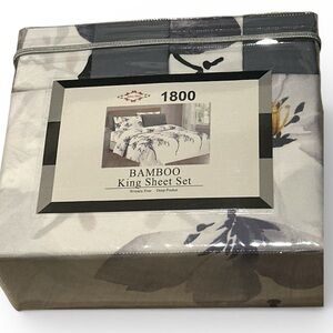 BAMBOO King Sheet Set - Floral Gray and White